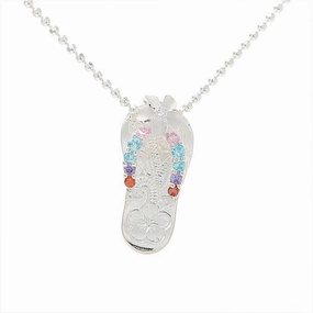 Sterling Silver Plumeria with Multi Color CZ Strap Hawaiian Scroll Slipper Pendant (Chain Sold Separately)