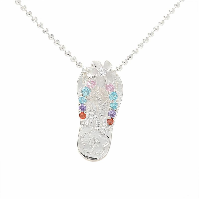 Sterling Silver Plumeria with Multi Color CZ Strap Hawaiian Scroll Slipper Pendant (Chain Sold Separately)