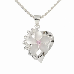 Sterling Silver Plumeria with Pink CZ and Leaf Heart Pendant (Chain Sold Separately)