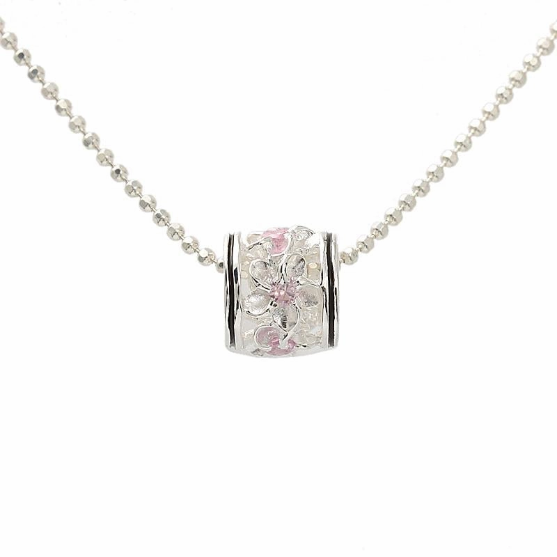Sterling Silver Plumeria with Pink CZ Black Border Barrel Pendant (Chain Sold Separately)