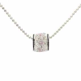 Sterling Silver Plumeria with Pink CZ Black Border Barrel Pendant (Chain Sold Separately)