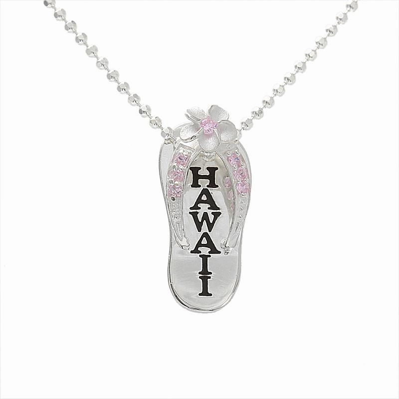 Sterling Silver Plumeria with Pink CZ Black Enamel HAWAII Slipper Pendant (Chain Sold Separately)