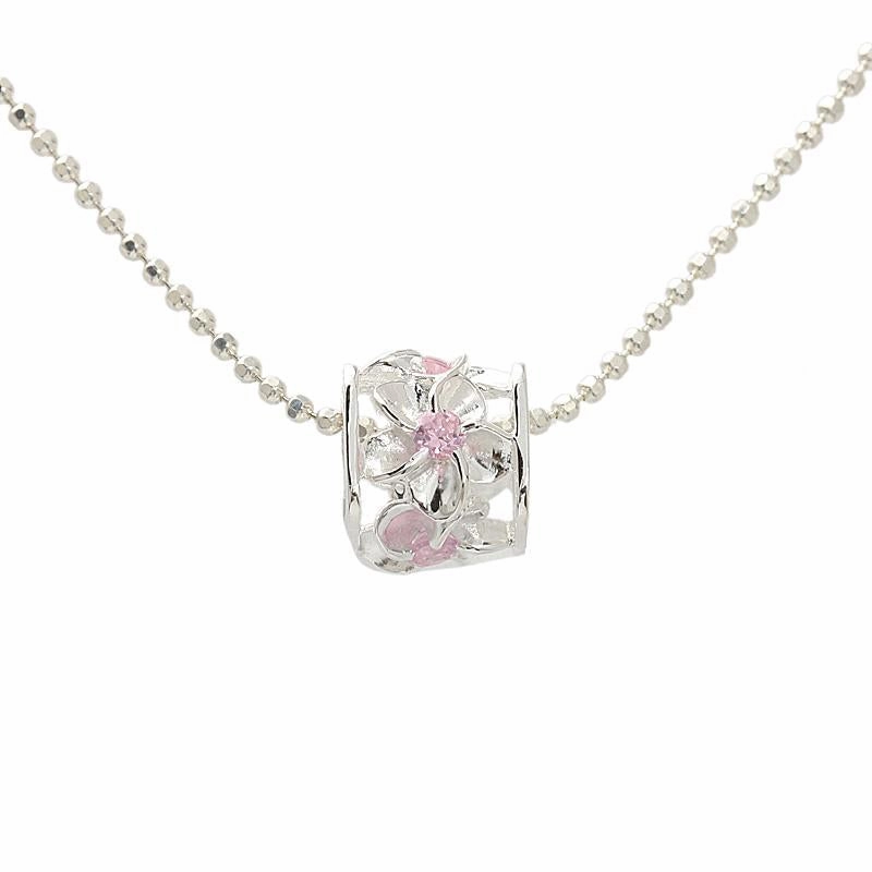 Sterling Silver Plumeria with Pink CZ Cube Pendant (Chain Sold Separately)