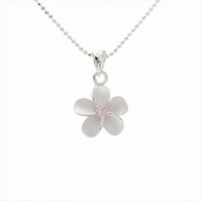 Sterling Silver Plumeria with Pink CZ Sandblast Finish Pendant (S/M/L/XL/2XL) (Chain Sold Separately)