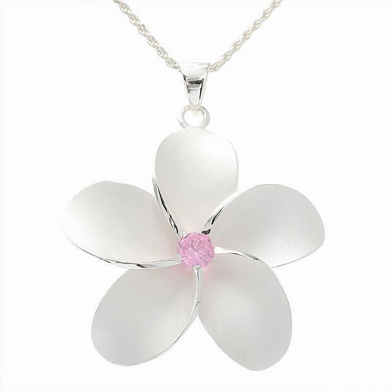 Sterling Silver Plumeria with Pink CZ Sandblast Finish Pendant (S/M/L/XL/2XL) (Chain Sold Separately)