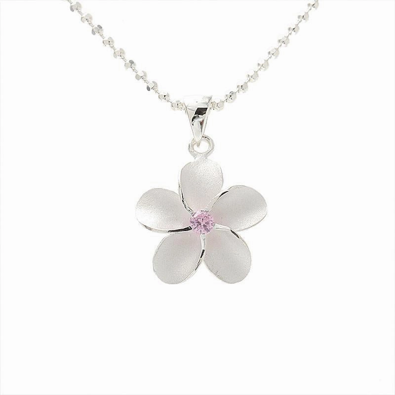 Sterling Silver Plumeria with Pink CZ Sandblast Finish Pendant (S/M/L/XL/2XL) (Chain Sold Separately)