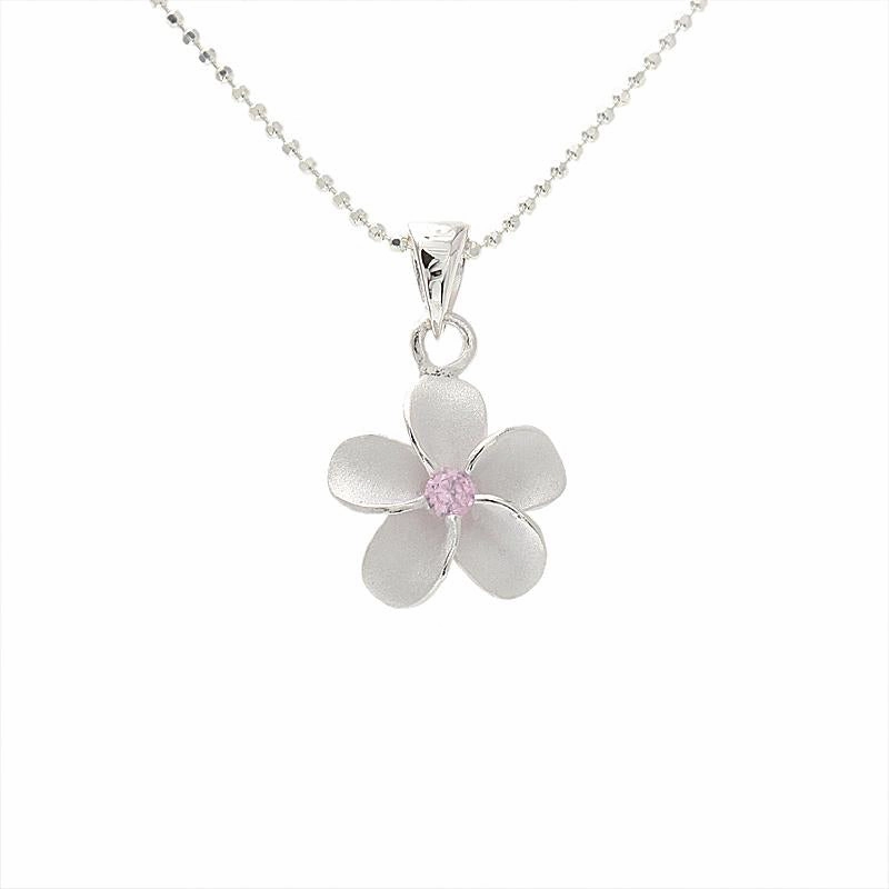 Sterling Silver Plumeria with Pink CZ Sandblast Finish Pendant (S/M/L/XL/2XL) (Chain Sold Separately)