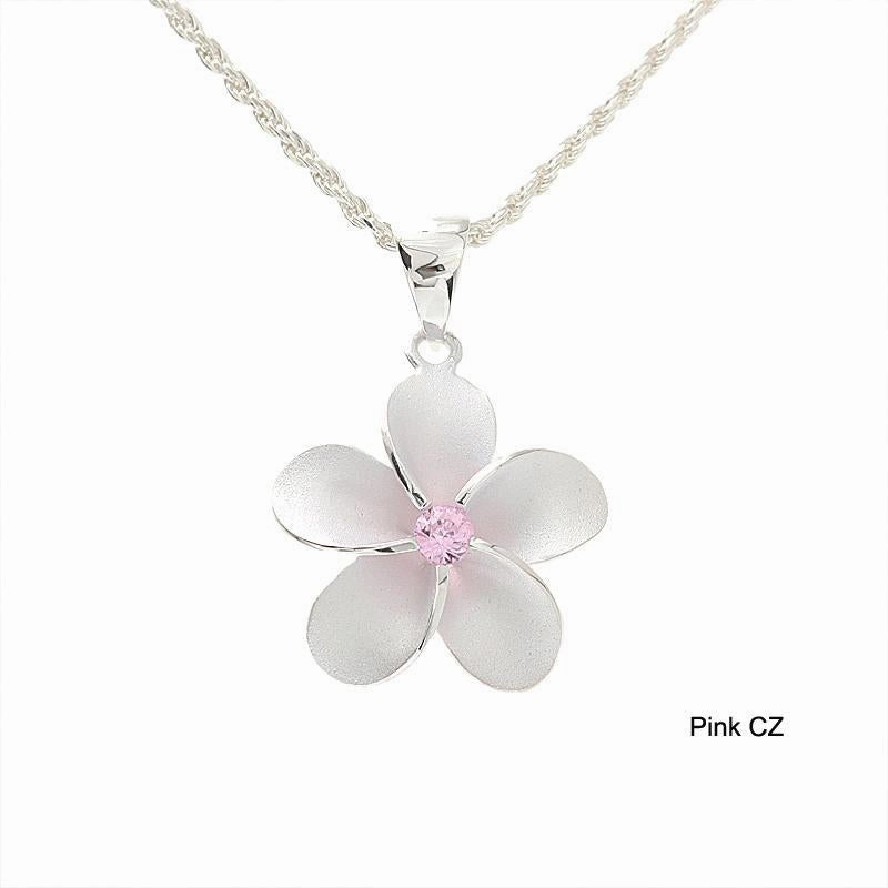 Sterling Silver Plumeria with Pink CZ Sandblast Finish Pendant (S/M/L/XL/2XL) (Chain Sold Separately)