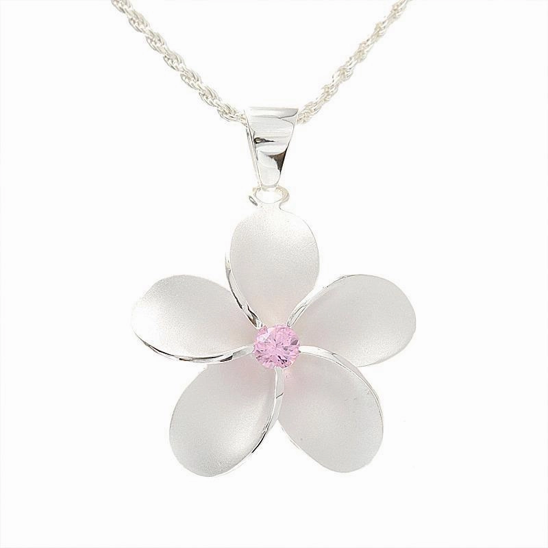 Sterling Silver Plumeria with Pink CZ Sandblast Finish Pendant (S/M/L/XL/2XL) (Chain Sold Separately)