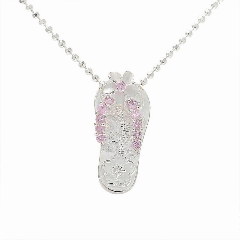 Sterling Silver Plumeria with Pink CZ Strap Hawaiian Scroll Slipper Pendant (Chain Sold Separately)