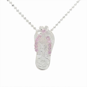 Sterling Silver Plumeria with Pink CZ Strap Hawaiian Scroll Slipper Pendant (Chain Sold Separately)