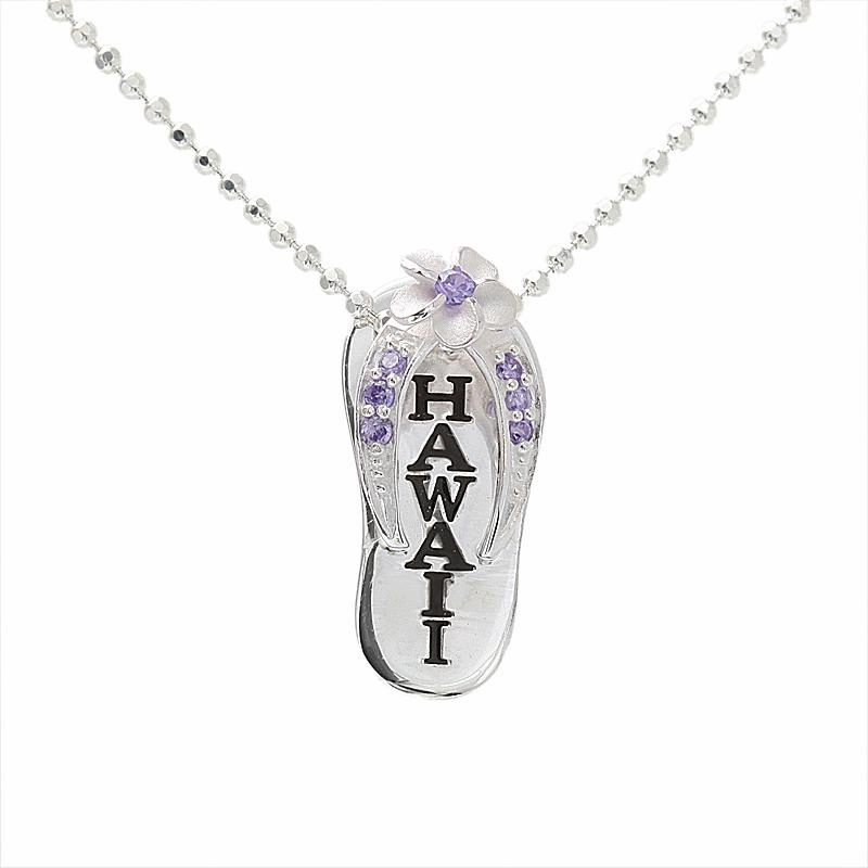 Sterling Silver Plumeria with Purple CZ Black Enamel HAWAII Slipper Pendant (Chain Sold Separately)