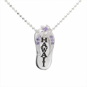 Sterling Silver Plumeria with Purple CZ Black Enamel HAWAII Slipper Pendant (Chain Sold Separately)