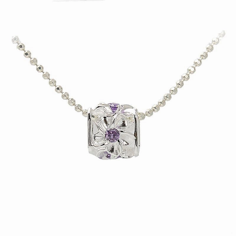 Sterling Silver Plumeria with Purple CZ Cube Pendant (Chain Sold Separately)