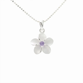 Sterling Silver Plumeria with Purple CZ Sandblast Finish Pendant (S/M/L) (Chain Sold Separately)