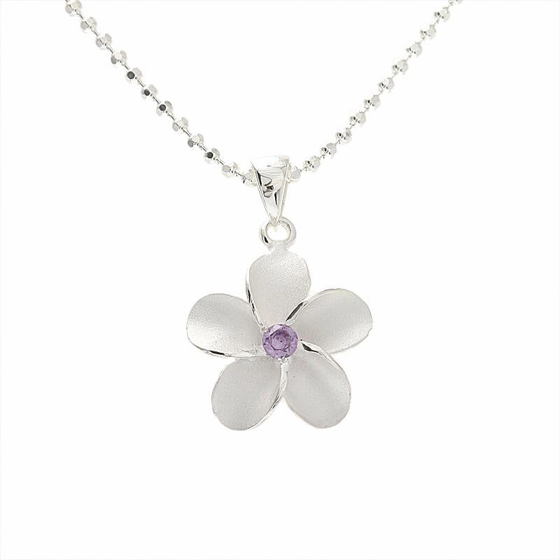 Sterling Silver Plumeria with Purple CZ Sandblast Finish Pendant (S/M/L) (Chain Sold Separately)