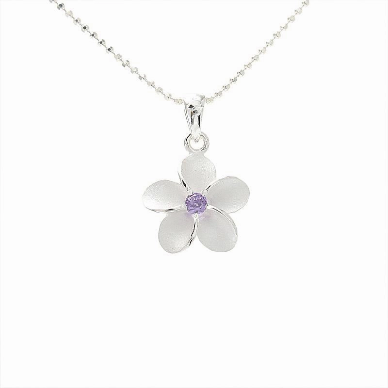 Sterling Silver Plumeria with Purple CZ Sandblast Finish Pendant (S/M/L) (Chain Sold Separately)