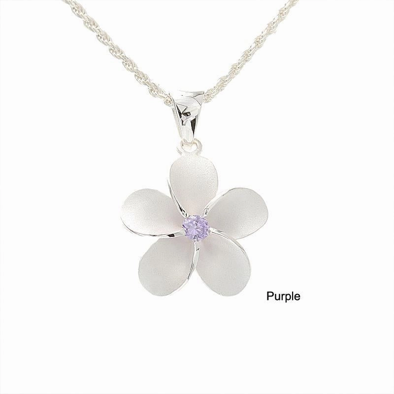 Sterling Silver Plumeria with Purple CZ Sandblast Finish Pendant (S/M/L) (Chain Sold Separately)