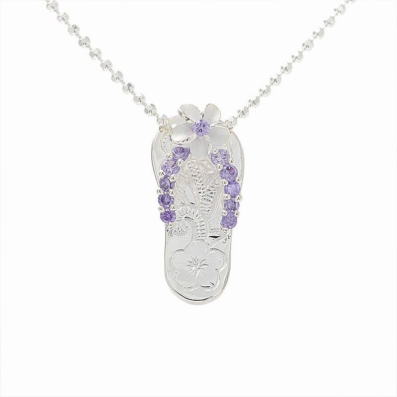 Sterling Silver Plumeria with Purple CZ Strap Hawaiian Scroll Slipper Pendant (Chain Sold Separately)