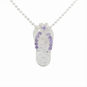 Sterling Silver Plumeria with Purple CZ Strap Hawaiian Scroll Slipper Pendant (Chain Sold Separately)