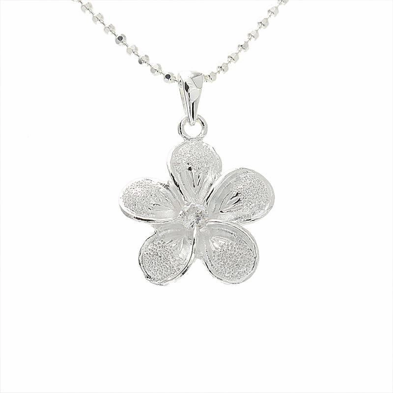 Sterling Silver Raised Plumeria with CZ Sandblast Finish Pendant (S/M/L) (Chain Sold Separately)