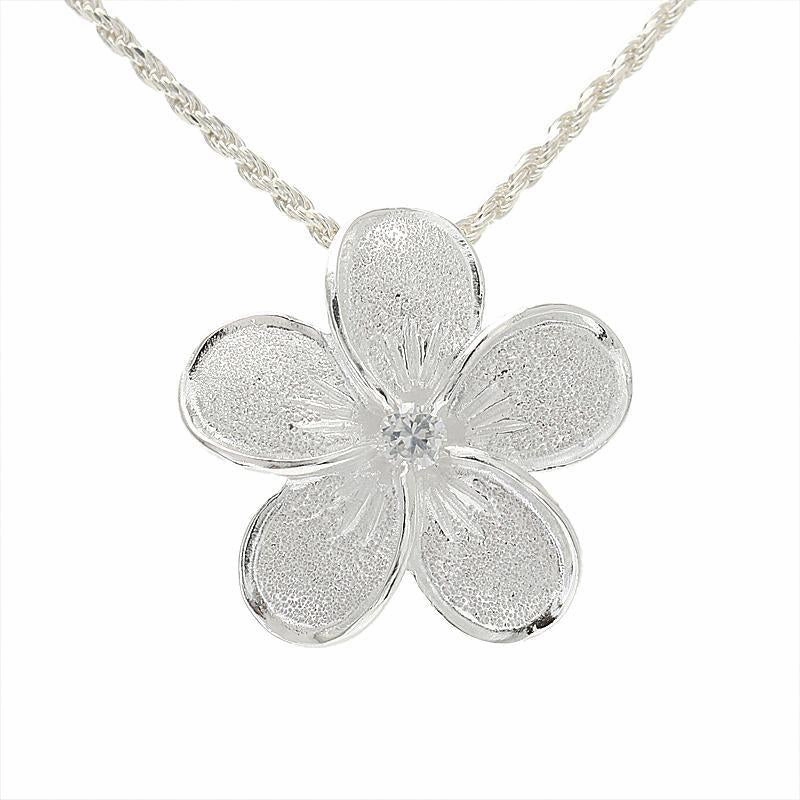 Sterling Silver Raised Plumeria with CZ Sandblast Finish Pendant (S/M/L) (Chain Sold Separately)