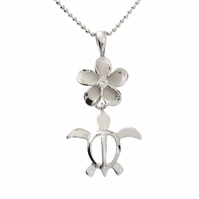 Sterling Silver Rhodium Plated 12mm Plumeria with CZ and Honu (Turtle) Pendant (Chain Sold Separately)