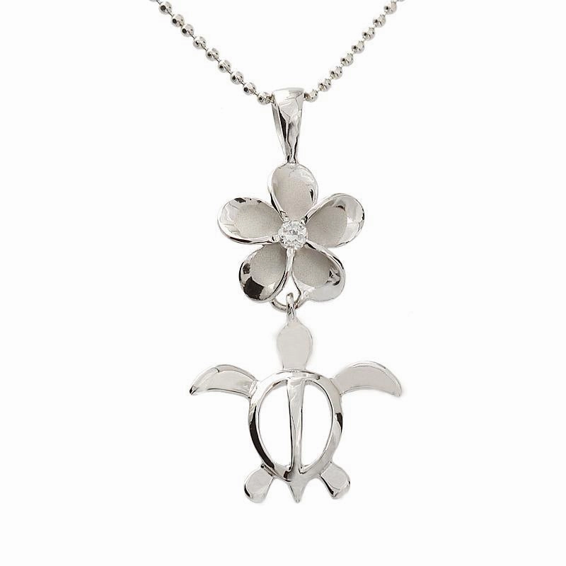 Sterling Silver Rhodium Plated 12mm Plumeria with CZ and Honu (Turtle) Pendant (Chain Sold Separately)