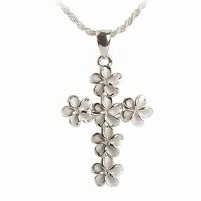 Sterling Silver Rhodium Plated 8mm Plumeria Cross Pendant (Chain Sold Separately)