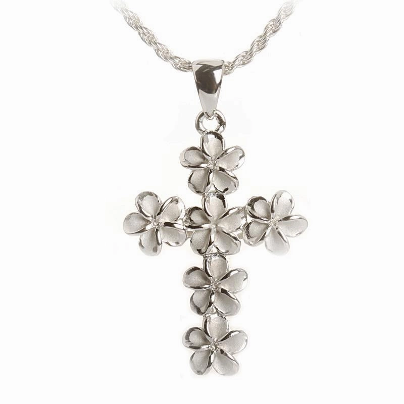 Sterling Silver Rhodium Plated 8mm Plumeria Cross Pendant (Chain Sold Separately)