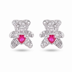 Sterling Silver Rhodium Plated Bear Heart Clear and Red CZ Stud Earrings - STE01377