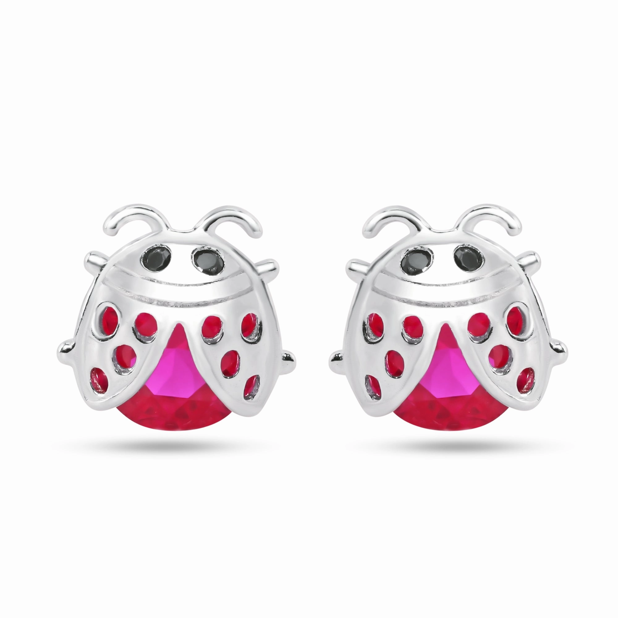 Sterling Silver Rhodium Plated Lady Bug Red CZ Stud Earrings - STE01376