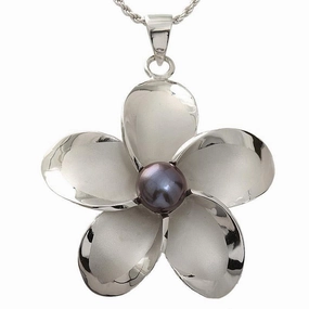 Sterling Silver Rhodium Plated Plumeria with Dark Blue Pearl Pendant (S/XXL) (Chain Sold Separately)