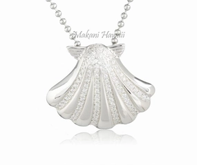 Sterling Silver Rhodium Plated Shell Pave CZ Pendant (Chain Sold Separately)