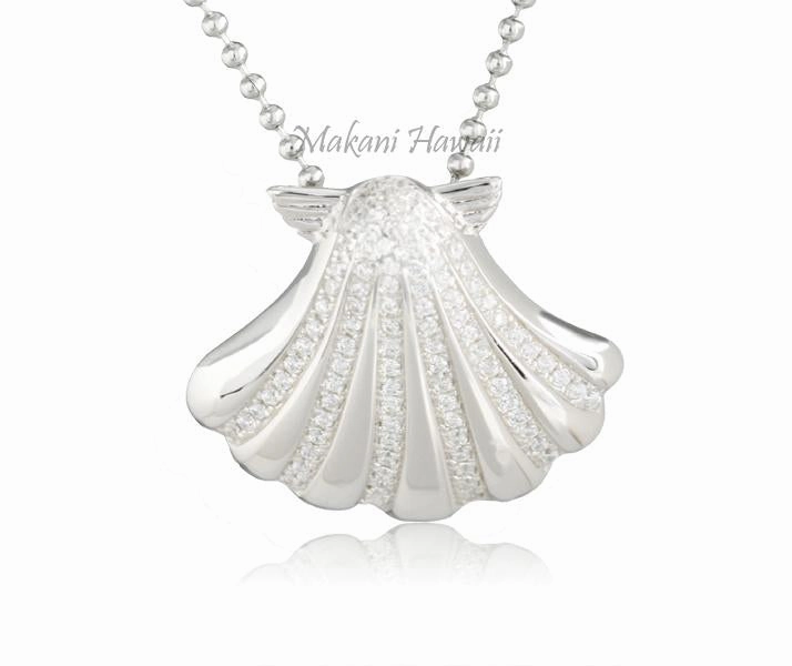 Sterling Silver Rhodium Plated Shell Pave CZ Pendant (Chain Sold Separately)