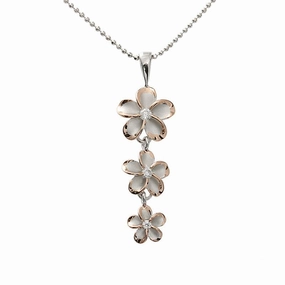 Sterling Silver Rhodium Two Tone Pink Gold Plated Plumeria with CZ Pendant (M/L) (Chain Sold Separately)