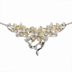 Sterling Silver Rhodium Two-Tone Yellow Gold Plated 5 Plumeria with CZ Slider Pendant (Chain Sold Separately)