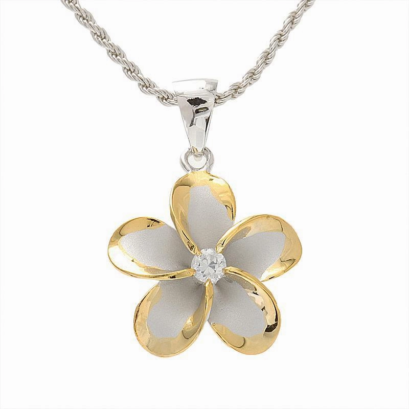 Sterling Silver Rhodium Two Tone Yellow Gold Plated Plumeria with CZ Pendant (10-45mm) (Chain Sold Separately)
