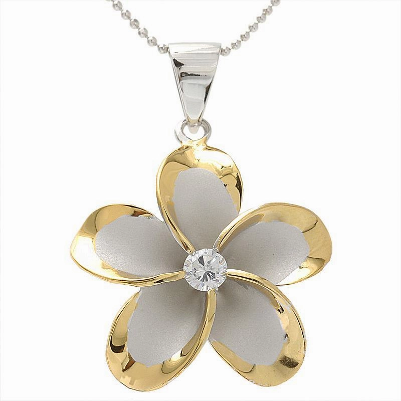 Sterling Silver Rhodium Two Tone Yellow Gold Plated Plumeria with CZ Pendant (10-45mm) (Chain Sold Separately)