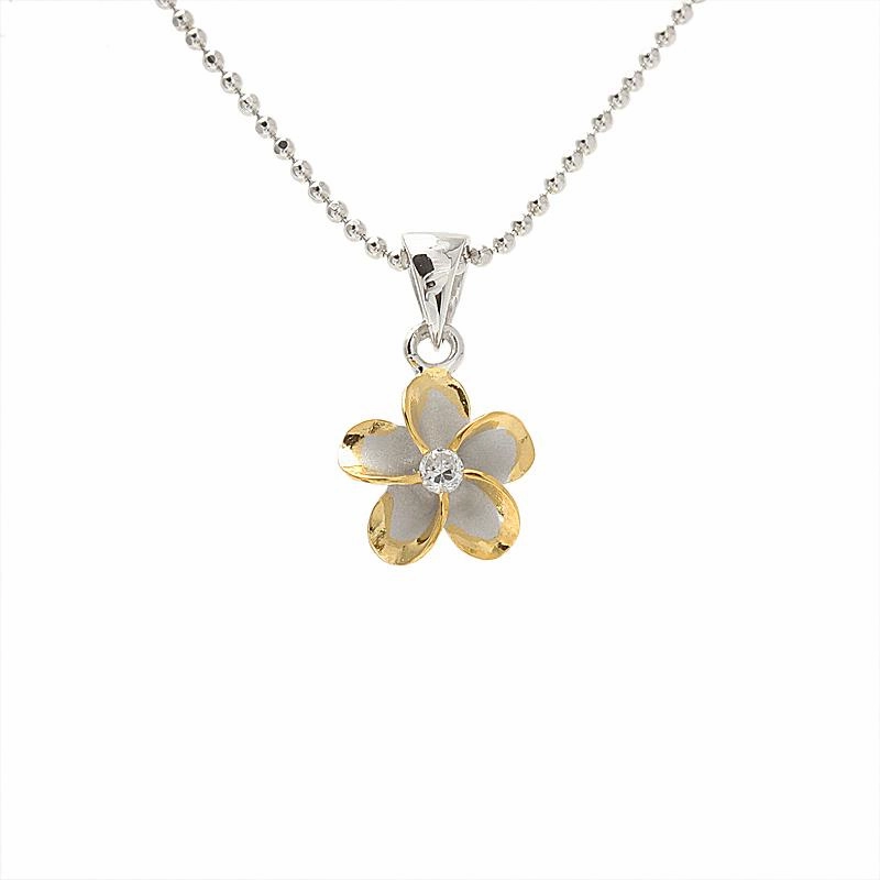 Sterling Silver Rhodium Two Tone Yellow Gold Plated Plumeria with CZ Pendant (10-45mm) (Chain Sold Separately)