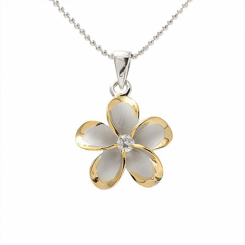 Sterling Silver Rhodium Two Tone Yellow Gold Plated Plumeria with CZ Pendant (10-45mm) (Chain Sold Separately)