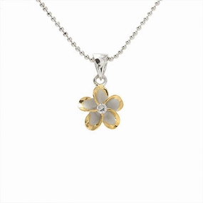 Sterling Silver Rhodium Two Tone Yellow Gold Plated Plumeria with CZ Pendant (10-45mm) (Chain Sold Separately)