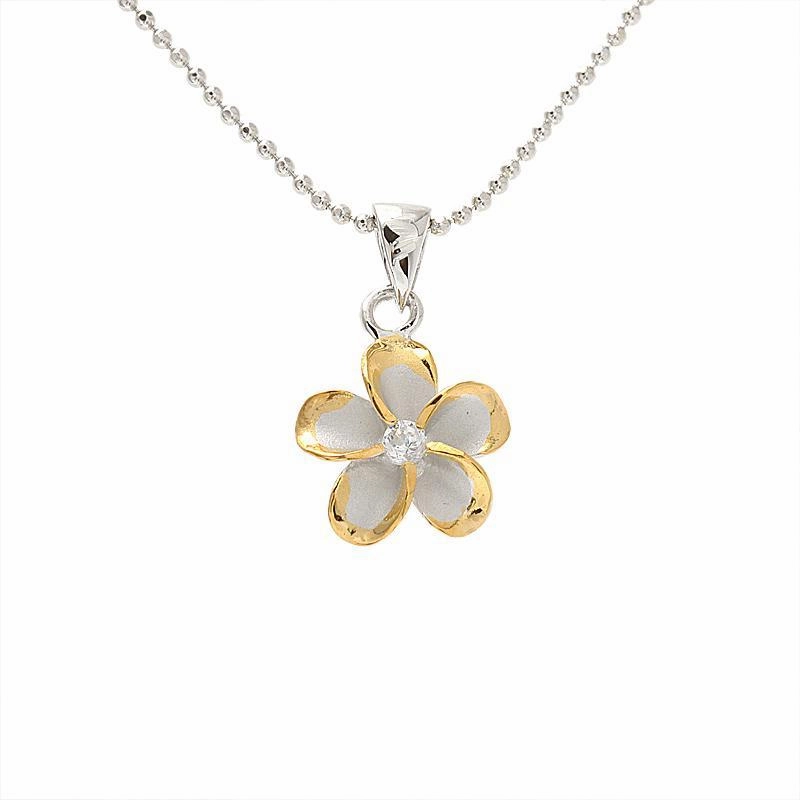 Sterling Silver Rhodium Two Tone Yellow Gold Plated Plumeria with CZ Pendant (10-45mm) (Chain Sold Separately)