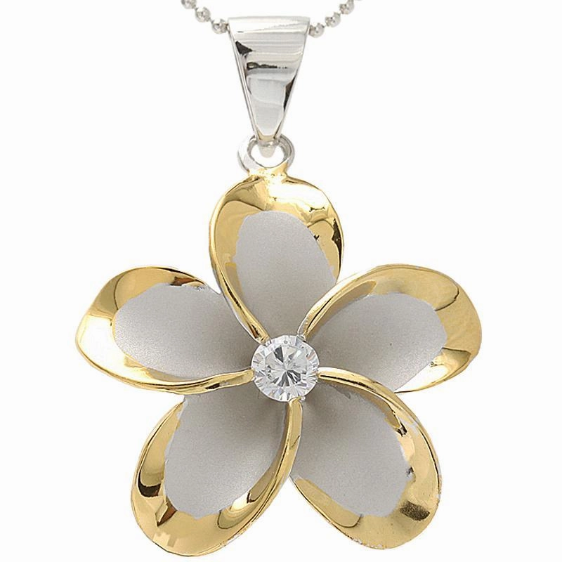 Sterling Silver Rhodium Two Tone Yellow Gold Plated Plumeria with CZ Pendant (10-45mm) (Chain Sold Separately)