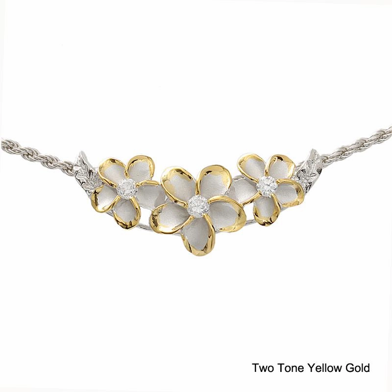 Sterling Silver Rhodium Two-Tone Yellow Plated Gold 3 Plumeria with CZ Slider Pendant (Chain Sold Separately)