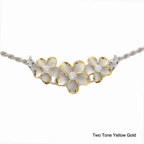 Sterling Silver Rhodium Two-Tone Yellow Plated Gold 3 Plumeria with CZ Slider Pendant (Chain Sold Separately)