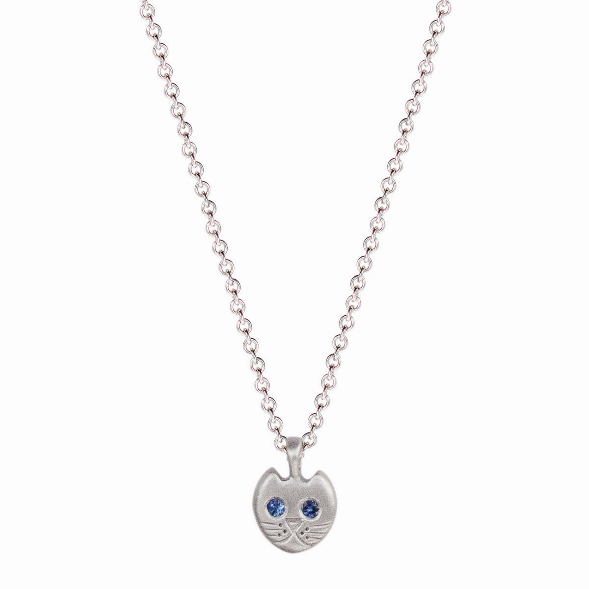 Sterling Silver Tiny Kitten Pendant with Sapphire Eyes