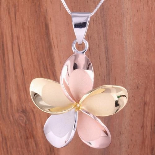 Sterling Silver Tri-Color Plated Plumeria Pendant (8-30mm) (Chain Sold Separately)
