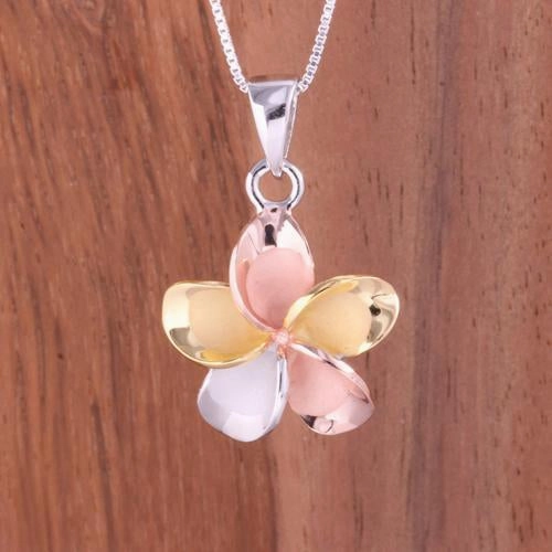 Sterling Silver Tri-Color Plated Plumeria Pendant (8-30mm) (Chain Sold Separately)