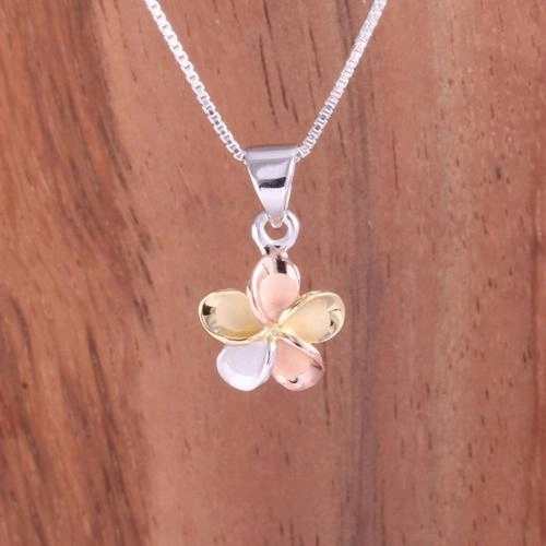 Sterling Silver Tri-Color Plated Plumeria Pendant (8-30mm) (Chain Sold Separately)